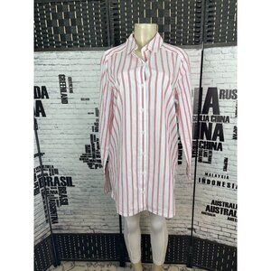Roaman's 12W White-Red Double Vertical Striped Button Collar Long Sleeve Shirt